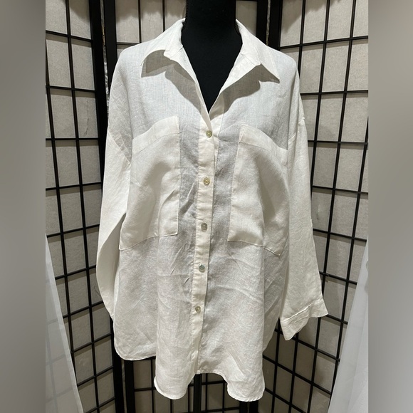 Magaschoni White Linen OVERSIZED RELAXED FIT, BUTTON DOWN SHIRT, WOMEN SIZE  M